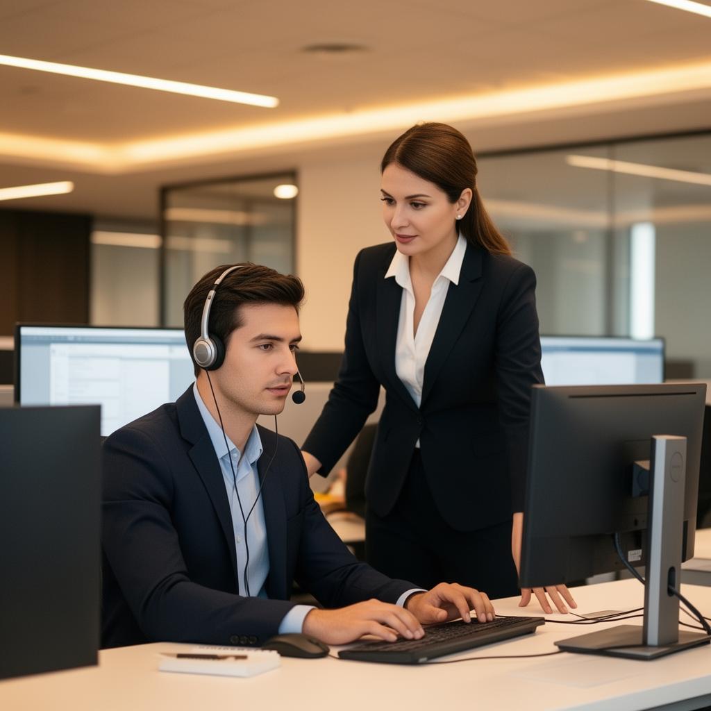 Call center supervisor coaching an agent at their desk